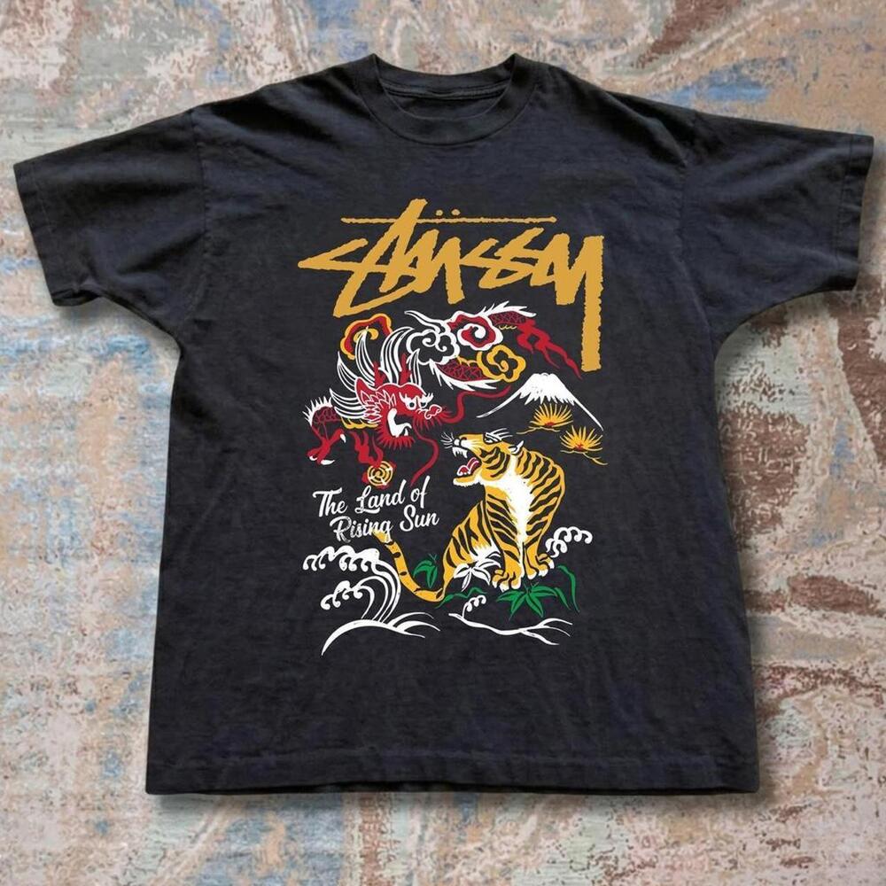 Stussy Black Graphic Tee With Tiger And Dragon Design